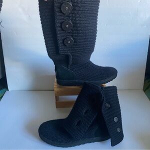 UGG Classy Candy Boots Womens 10 Black Knit Button pull up cuffed down
